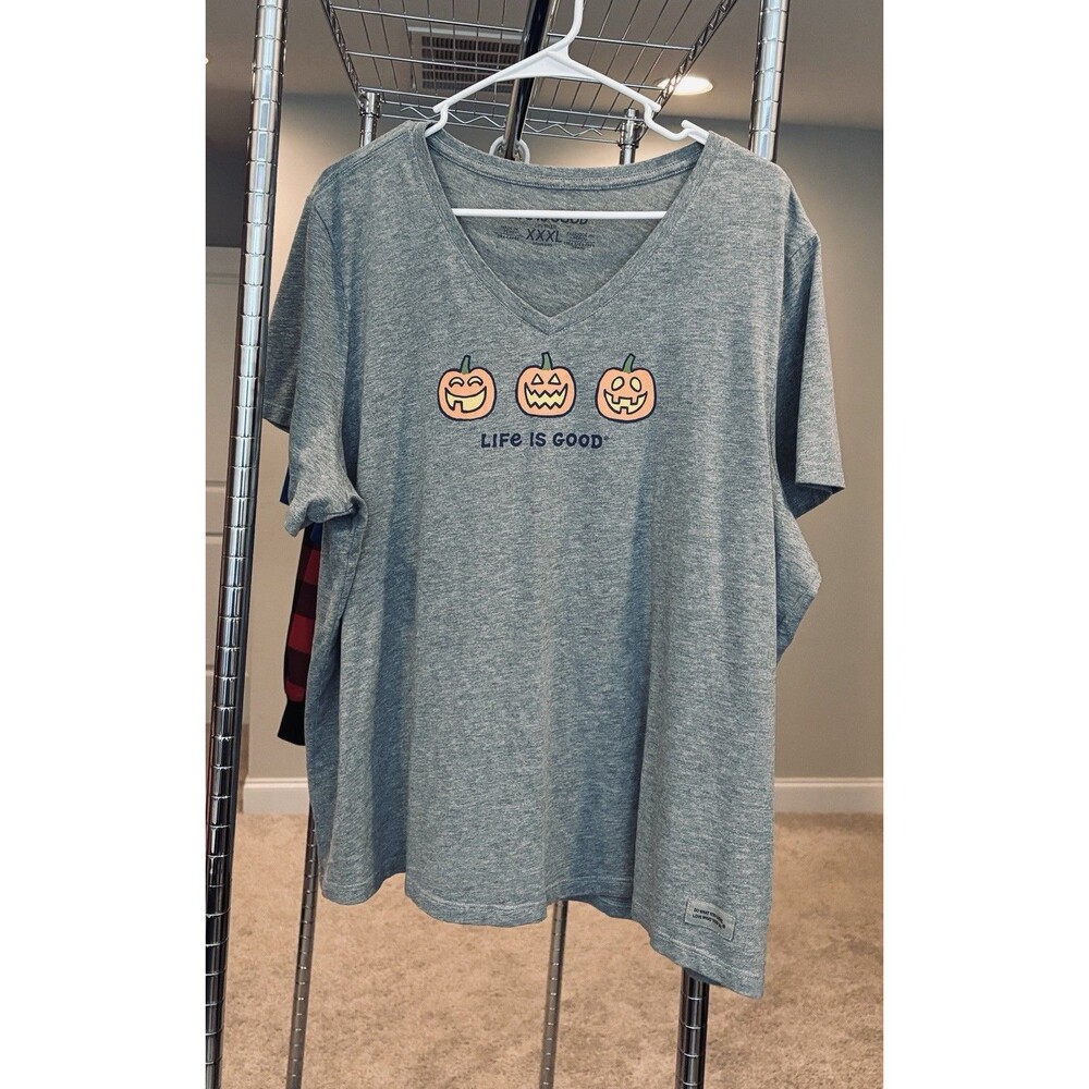 Womens XXXL Life Is Good Pumpkins Jack-o-lanterns Crusher T Shirt Halloween Gray
